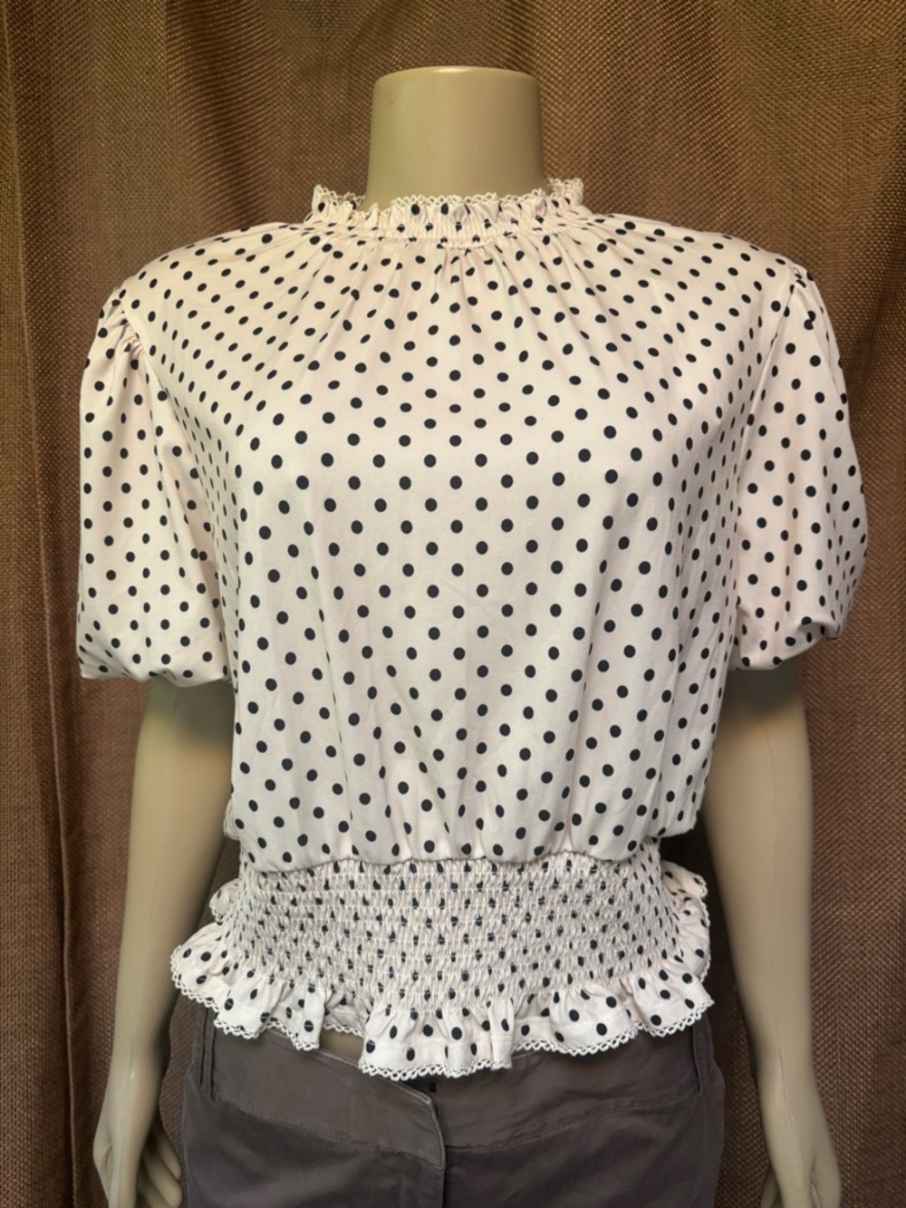 cupcakes & cashmere White and Black Polka Dot Smocked Peplum Top